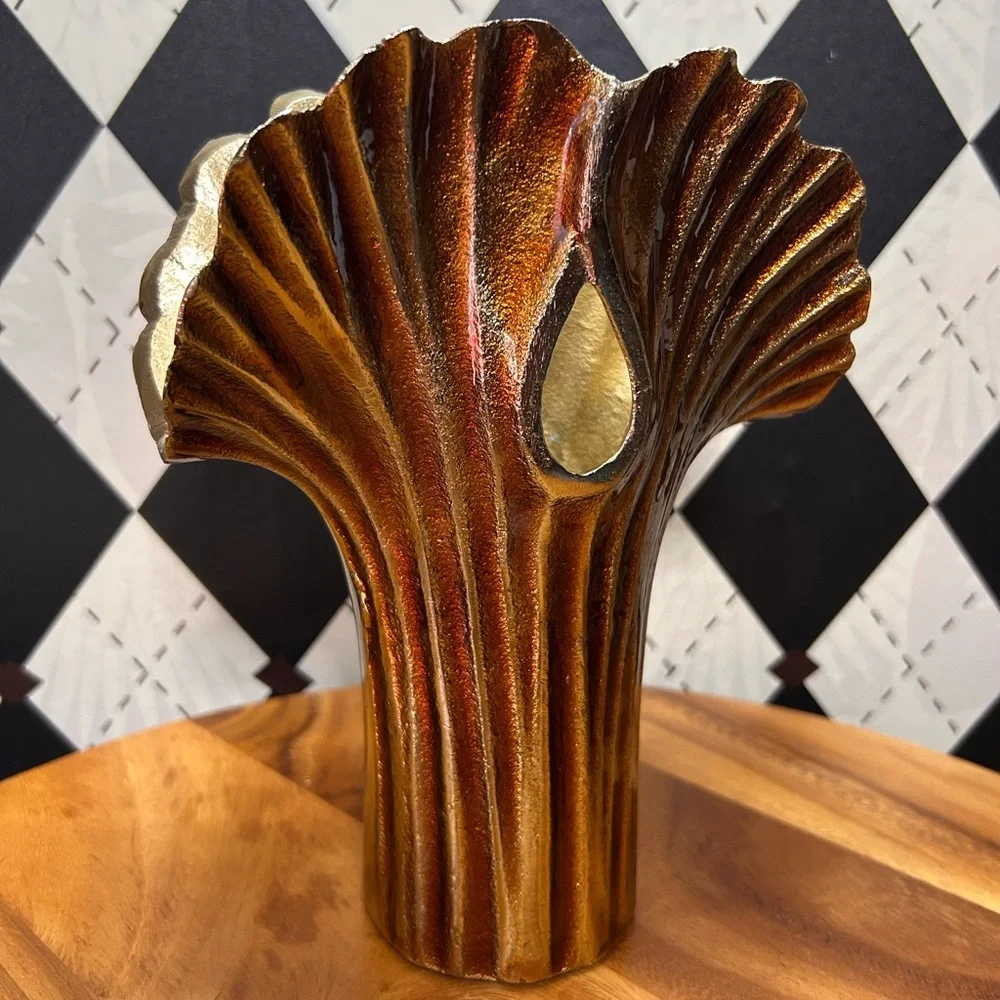 Vase Modern Asian Metal Enameled Ginkgo Leaf 9 Inch Decorative‎ Art